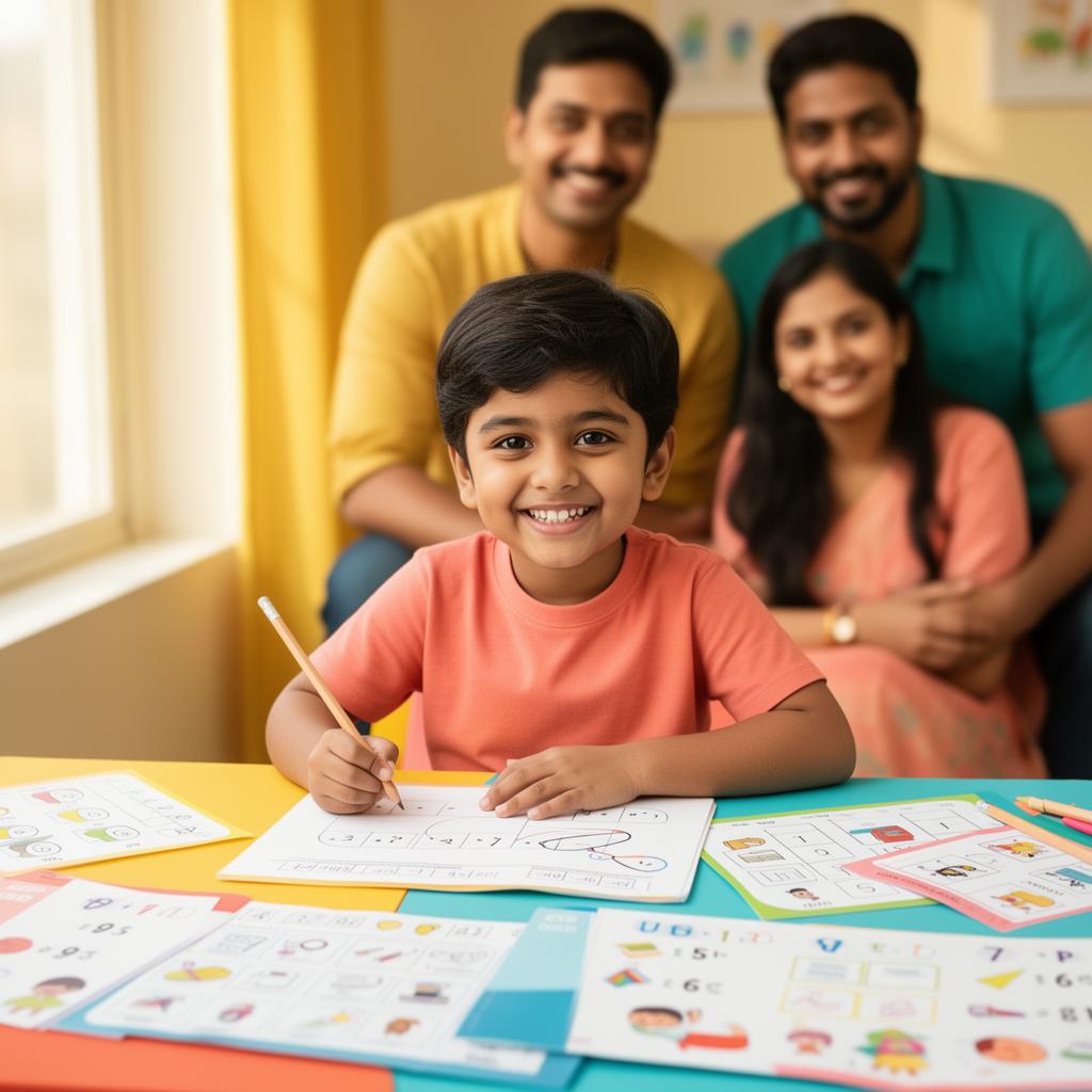 Happy Indian child solving colorful math worksheets with parents watching proudly